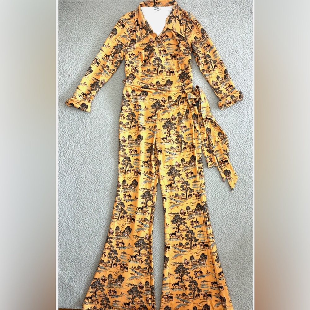 Unique Vintage Mustard Jumpsuit with Cowboy/ Horse Print. Featured flare leg